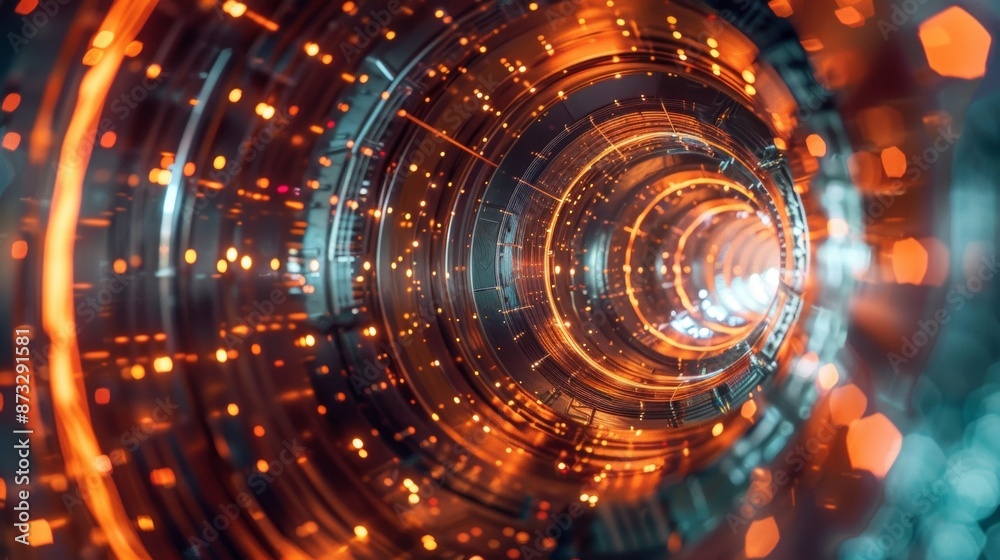 A closeup of a particle accelerator revealing the intricate patterns formed by the particles as they race around the ring. A closeup of a particle accelerator revealing the intricate patterns formed by the particles as they race around the ring.