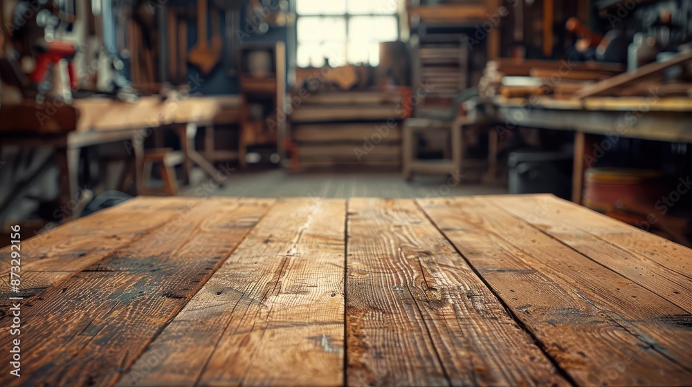 Rustic Wooden Workbench in Sunlit Workshop with Copy Space Rustic Wooden Workbench in Sunlit Workshop with Copy Space