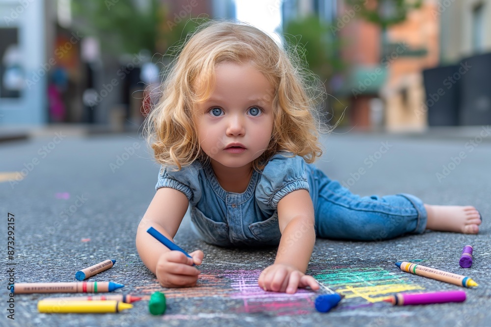 Toddler with big eyes drawing intently with sidewalk chalk, artistic and adorable Toddler with big eyes drawing intently with sidewalk chalk, artistic and adorable
