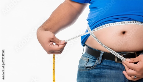 Obese man and woman measuring waist size with measuring tape. The weighty struggle for wellness and self-improvement unfolds in this poignant moment