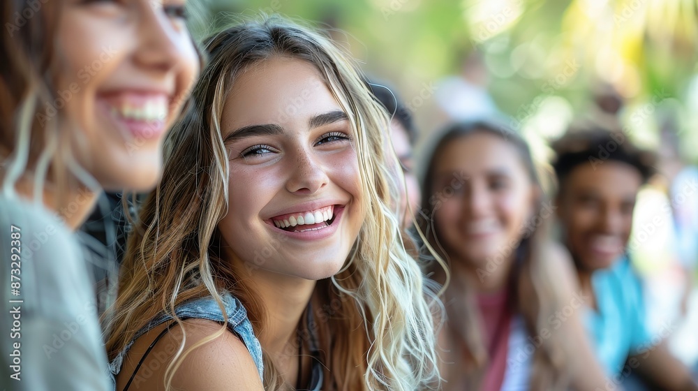 A group of close friends sharing laughter under the bright sun, with focus on a carefree woman with blonde hair looking joyful and relaxed with her friends. A group of close friends sharing laughter under the bright sun, with focus on a carefree woman with blonde hair looking joyful and relaxed with her friends.