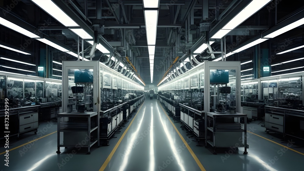 A modern factory floor with automated processes and efficient production lines, continuous improvement, planning