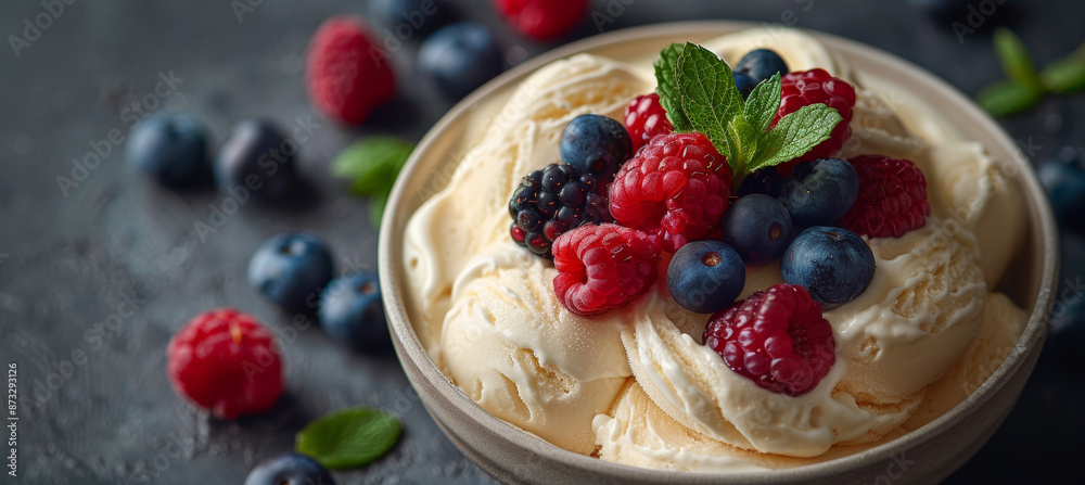 Delicious Vanilla Ice Cream with Fresh Berries and Mint Delicious Vanilla Ice Cream with Fresh Berries and Mint