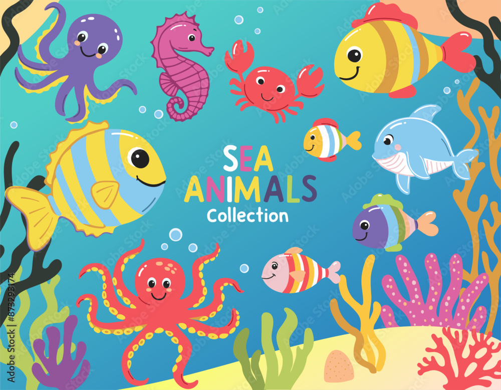 Fish and wild marine animals. Inhabitants of the sea, cute, funny underwater crabs, octopus, seahorse. Flat cartoon illustration. Underwater Scene with Sea Life Fish and wild marine animals. Inhabitants of the sea, cute, funny underwater crabs, octopus, seahorse. Flat cartoon illustration. Underwater Scene with Sea Life