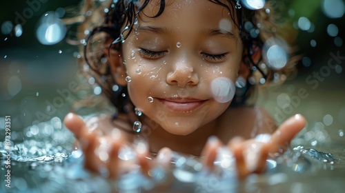 A child enjoys a blissful moment in water, eyes closed, savoring the cool splashes around. This image captures the essence of peace, happiness, and childhood wonder.