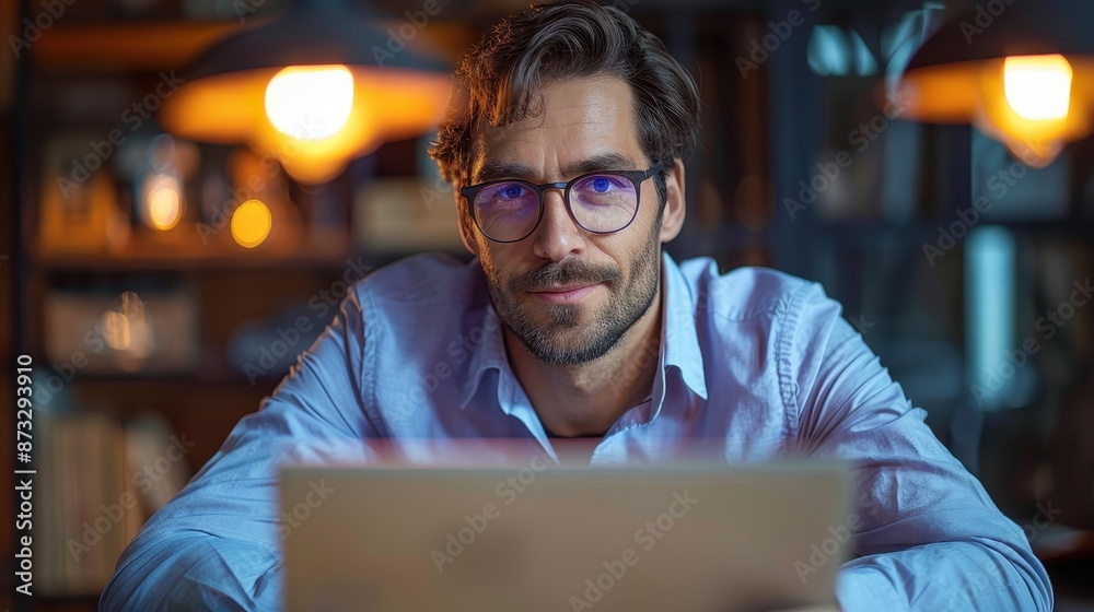 A man wearing glasses looks intently at his laptop while working late into the night, illuminated by warm hanging lights in a cozy room filled with shelves and books. A man wearing glasses looks intently at his laptop while working late into the night, illuminated by warm hanging lights in a cozy room filled with shelves and books.