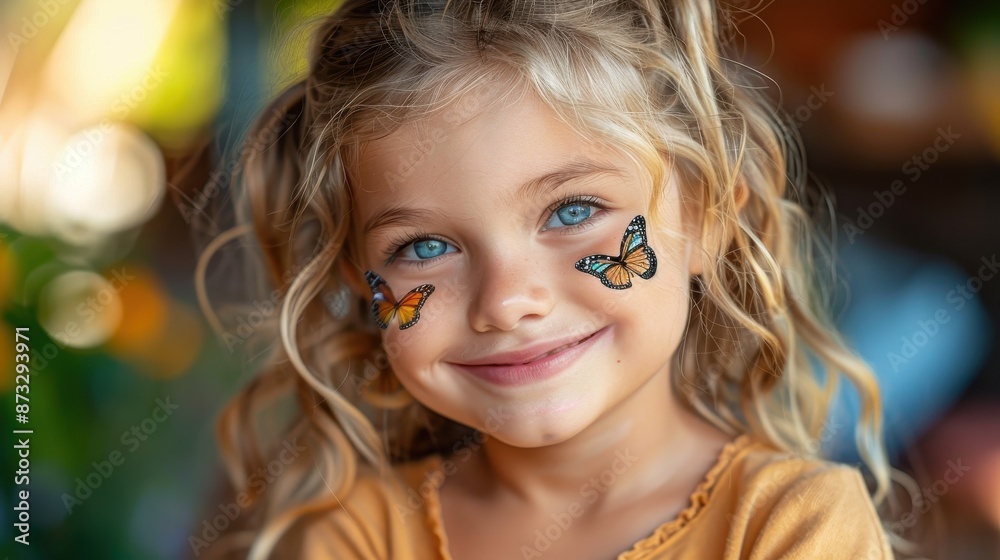 A cheerful young girl with blonde curly hair and blue eyes, beautifully adorned with butterfly face art, poses in a delightful setting capturing pure innocence and joy. A cheerful young girl with blonde curly hair and blue eyes, beautifully adorned with butterfly face art, poses in a delightful setting capturing pure innocence and joy.