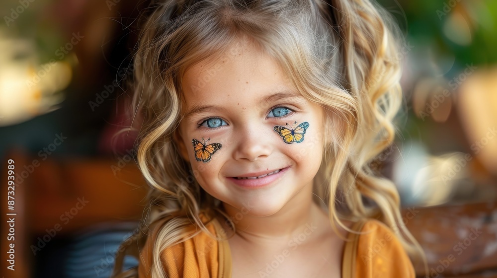 A happy young girl with blonde curly hair and blue eyes beams with butterfly face paint, surrounded by a cozy and warm indoor setting, exuding pure joy and innocence. A happy young girl with blonde curly hair and blue eyes beams with butterfly face paint, surrounded by a cozy and warm indoor setting, exuding pure joy and innocence.