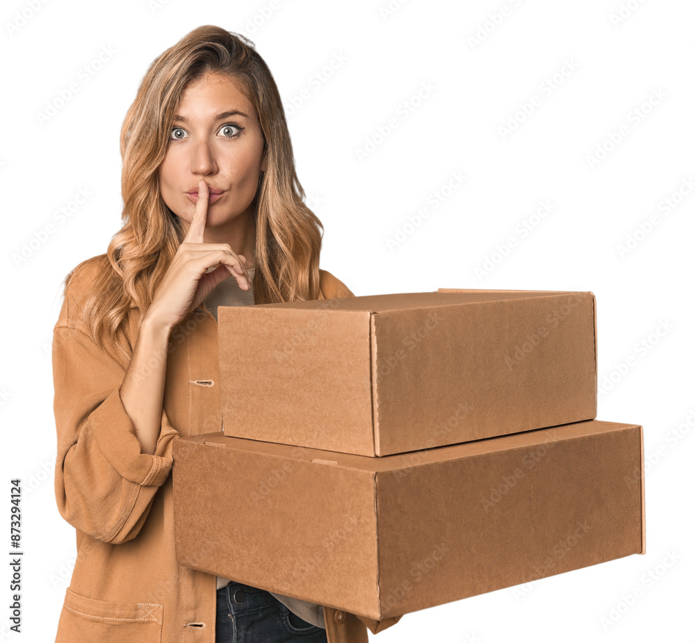 Blonde Caucasian moving with large boxes keeping a secret or asking for silence. Blonde Caucasian moving with large boxes keeping a secret or asking for silence.