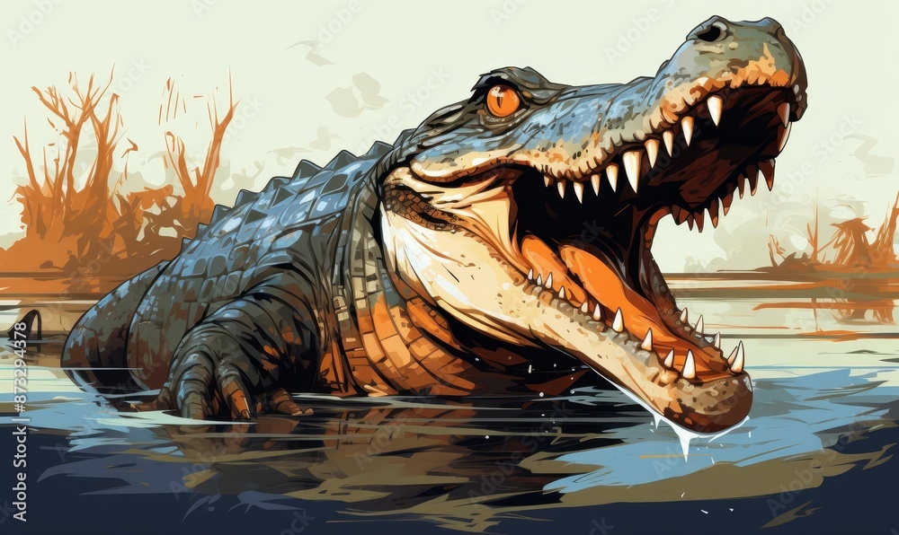 Obraz premium Crocodile with jaws wide open flat design front view riverbank theme animation Triadic Color Scheme