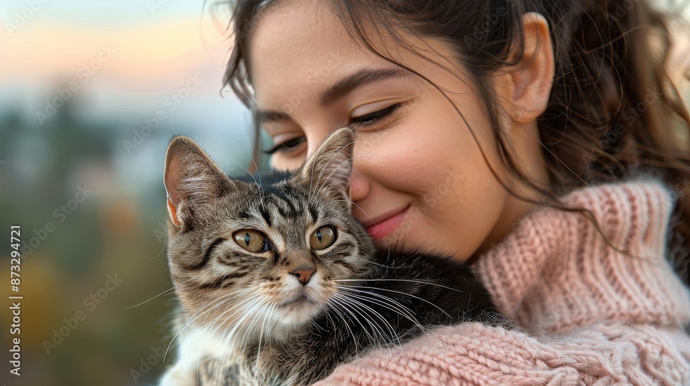 A relaxed cat is gently held by a person dressed in a knit sweater, capturing a serene and loving moment between the human and their beloved pet, outdoors. A relaxed cat is gently held by a person dressed in a knit sweater, capturing a serene and loving moment between the human and their beloved pet, outdoors.