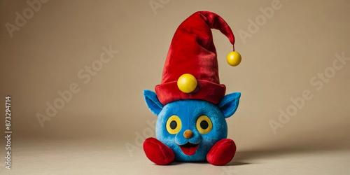 A blue plush toy character wearing a red hat with yellow bells sits on a tan background photo