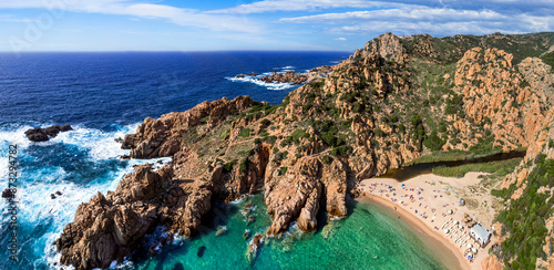 Fototapeta Naklejka Na Ścianę i Meble -  Most beautiful beaches of Saerdegna island , northern part, Costa Paradiso - Cala li Cossi beach. aerial drone panoramic view