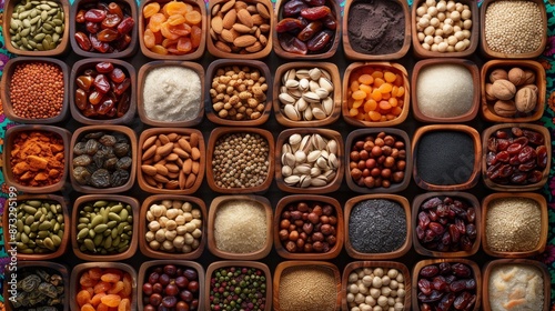 Wallpaper Mural A top view of various spices and grains neatly organized in wooden compartments, showcasing a rich diversity of colors and textures.

 Torontodigital.ca