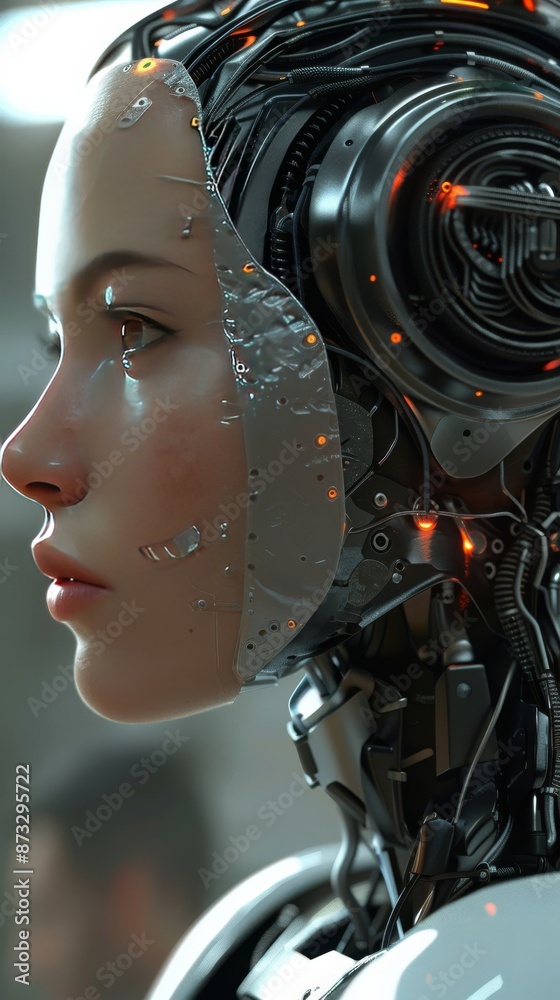 An indepth look at a robots face adorned with a helmet, showcasing features like the jaw, ear, and eyelash. The image depicts a fictional character in an artful representation An indepth look at a robots face adorned with a helmet, showcasing features like the jaw, ear, and eyelash. The image depicts a fictional character in an artful representation