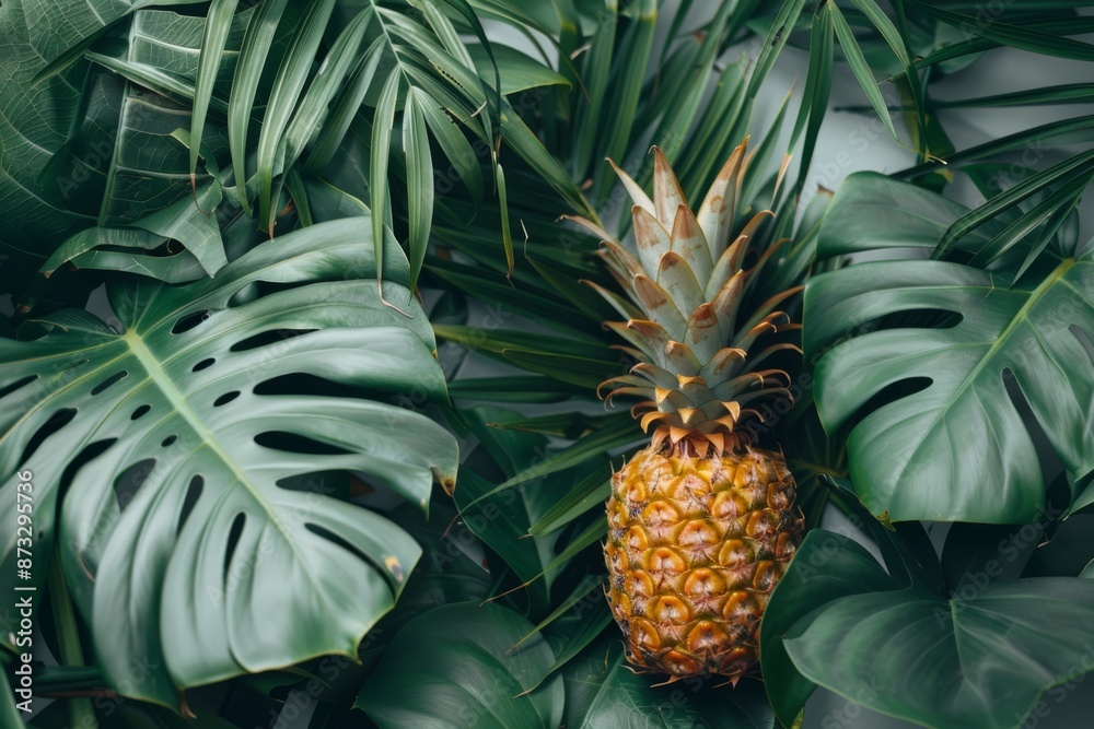 Fototapeta premium A close-up shot of a ripe pineapple surrounded by tropical foliage. 
