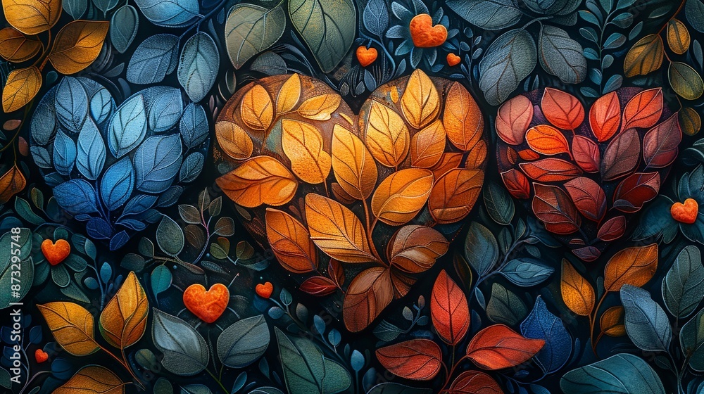 Heart-shaped patterns interwoven with nature elements like leaves, petals, and vines. , Minimalism, Heart-shaped patterns interwoven with nature elements like leaves, petals, and vines. , Minimalism,