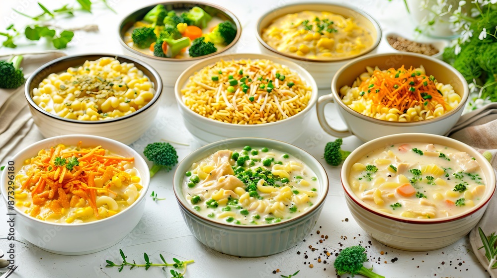 A variety of soups in bowls with vegetables. A variety of soups in bowls with vegetables.