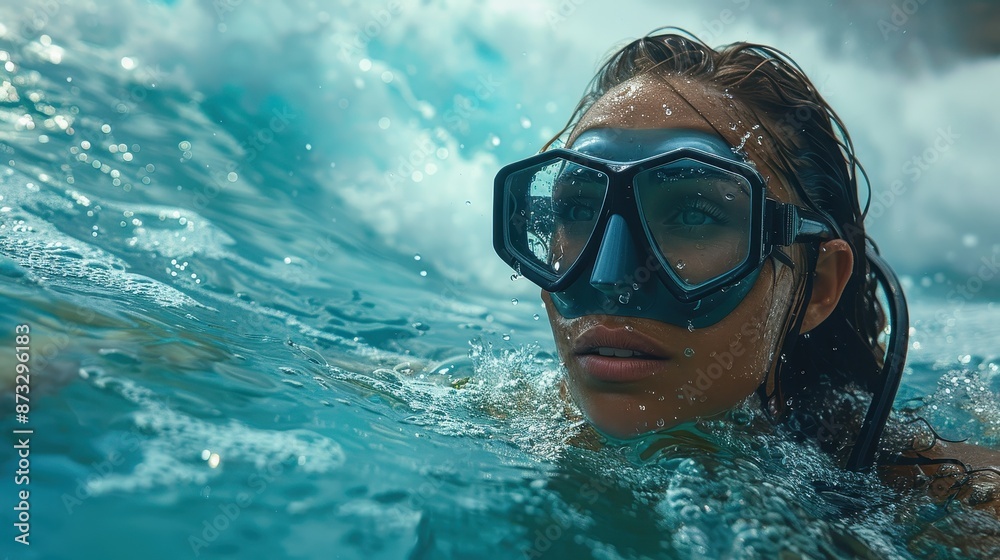 Naklejka premium An individual is seen swimming through the clear blue ocean waters with gentle waves, capturing the essence of summer, adventure, and the peacefulness of the aquatic world.