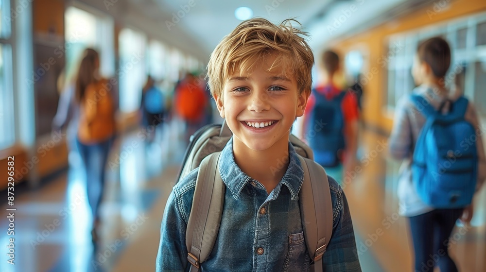 Smiling young boy with tousled hair and wearing a backpack, standing in a school hallway amidst other students, capturing the excitement and happiness of a school day. Smiling young boy with tousled hair and wearing a backpack, standing in a school hallway amidst other students, capturing the excitement and happiness of a school day.