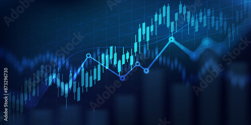 Abstract financial graph with uptrend line and bar chart of stock market on blue color background