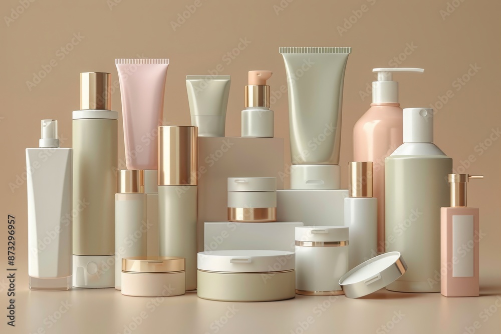 An array of high-end skincare products in sleek, minimalist packaging with gold details, beautifully arranged against a soft beige background, showcasing luxurious beauty care.


