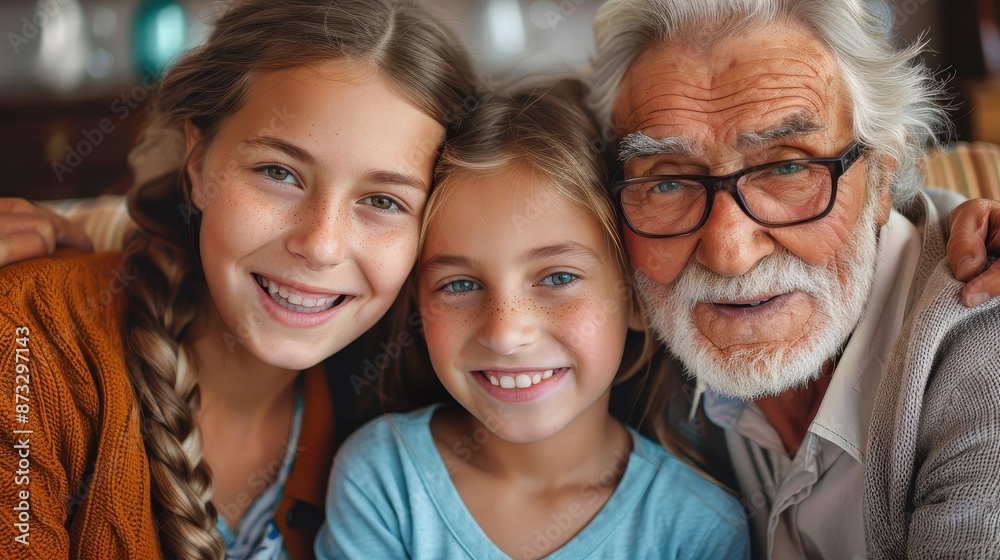 A warm, intimate portrait of an elderly man with a white beard and glasses, embracing his two young granddaughters, all smiling brightly, capturing a moment of family joy. A warm, intimate portrait of an elderly man with a white beard and glasses, embracing his two young granddaughters, all smiling brightly, capturing a moment of family joy.
