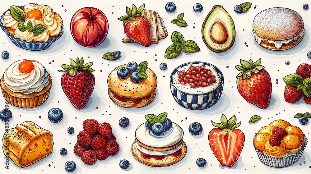 Tasty food patterns featuring gourmet dishes, desserts, and international culinary delights. , Minimalism, Tasty food patterns featuring gourmet dishes, desserts, and international culinary delights. , Minimalism,