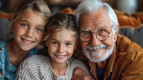 A heartwarming image of an elderly man with a white beard and glasses hugging his two smiling granddaughters in a well-lit room, highlighting family bonds and happiness.