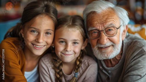 An elderly man with white hair and glasses joyfully embracing his smiling granddaughters in a warm and inviting home setting, capturing the essence of familial love.