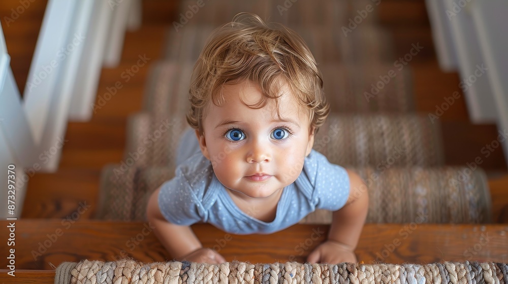 A toddler with striking blue eyes climbs carpeted stairs, showcasing curiosity and eagerness, wearing a soft blue outfit with white polka dots. A toddler with striking blue eyes climbs carpeted stairs, showcasing curiosity and eagerness, wearing a soft blue outfit with white polka dots.