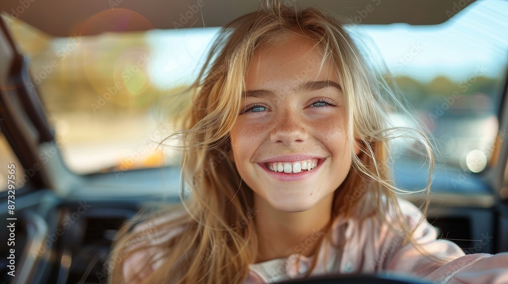 A young woman with blonde hair flashes a joyful smile while sitting inside a car, suggesting a fun road trip or travel experience, under bright and natural daylight. A young woman with blonde hair flashes a joyful smile while sitting inside a car, suggesting a fun road trip or travel experience, under bright and natural daylight.
