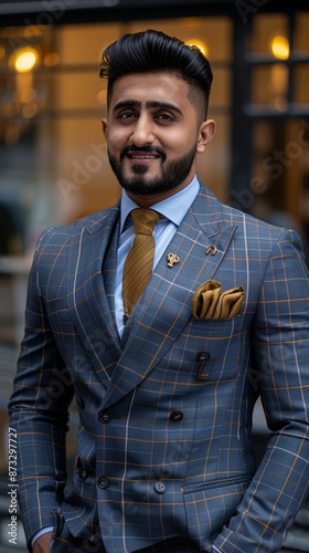 A stylish man with a neatly groomed beard wearing a blue checkered double-breasted suit, gold tie, and pocket square, exuding confidence and sophistication.