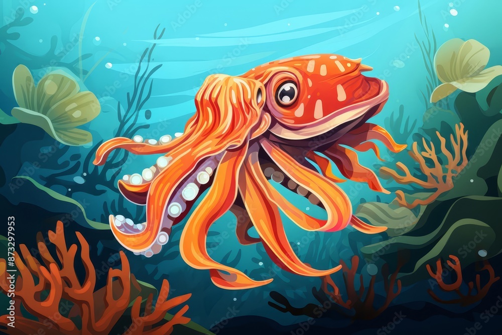 Fototapeta premium Cuttlefish camouflaging with its surroundings flat design top view ocean theme cartoon drawing vivid