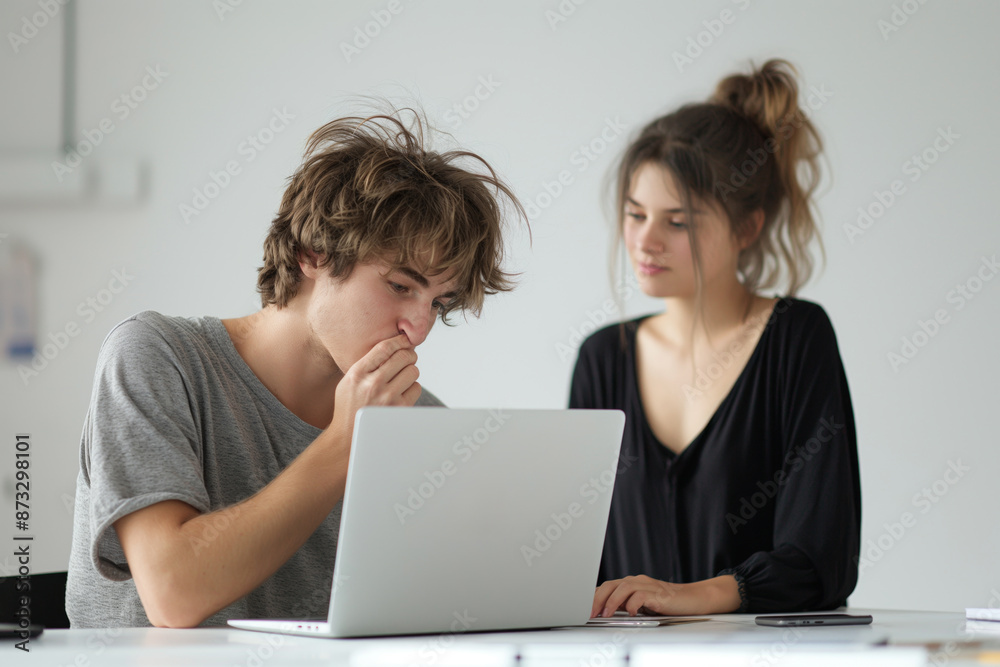 A young man and woman are engaged in a discussion while seated near a laptop, in a light and simple indoor setting signifying collaboration and modern-day challenges. A young man and woman are engaged in a discussion while seated near a laptop, in a light and simple indoor setting signifying collaboration and modern-day challenges.