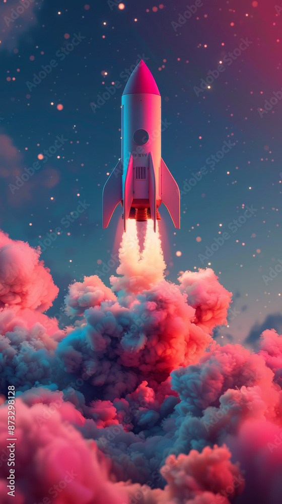 Obraz premium Rocket taking off, gradient background