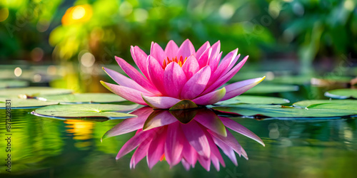 Vibrant pink water lily flower blooms on serene lake surface surrounded by lush green leaves and calm rippled water reflections in warm natural light.