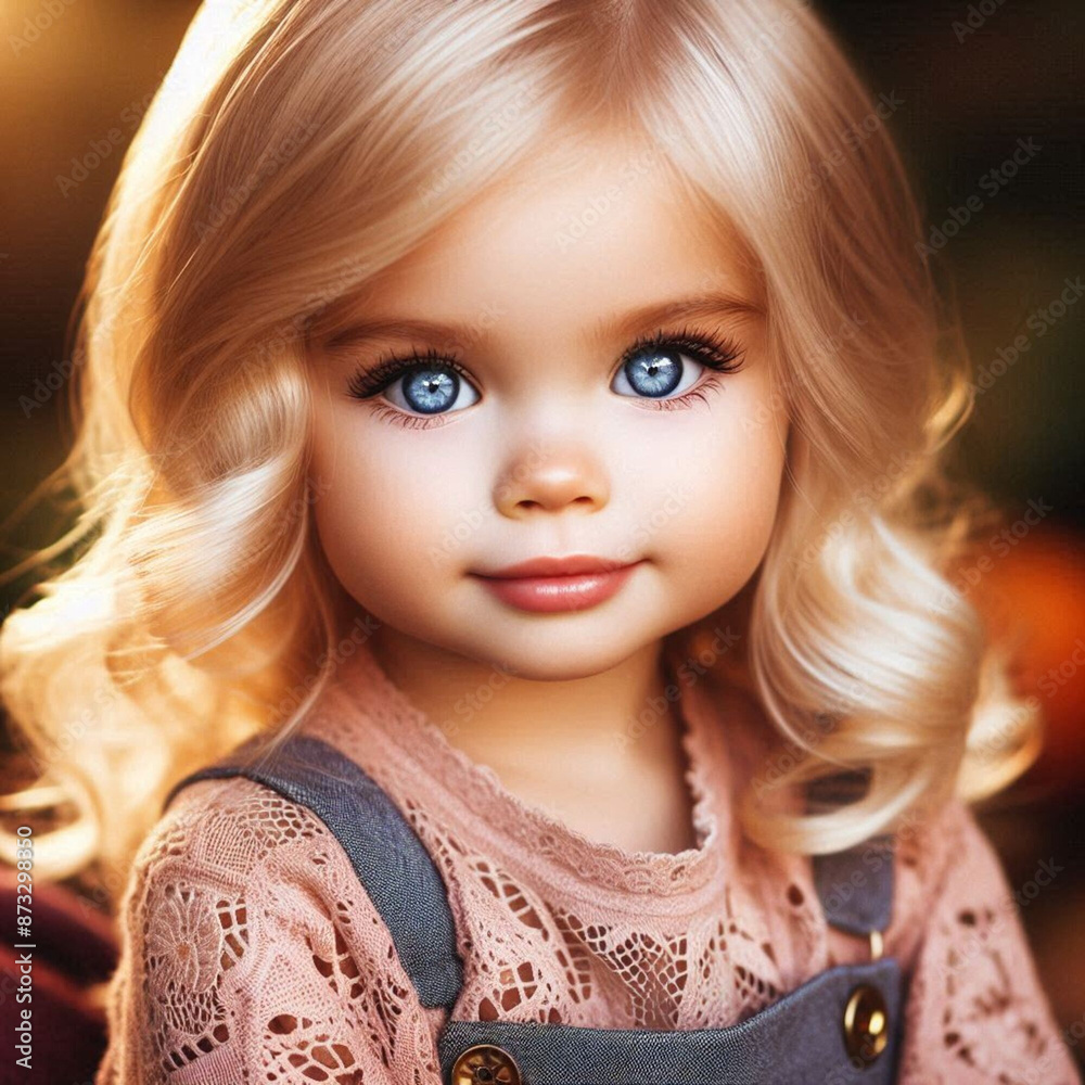 Close-up of doll with blue eyes, resembling a blonde child with colorful eyes.