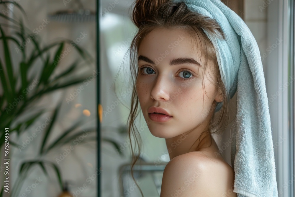 Fototapeta premium Radiant Skincare: Youthful Woman Nurturing Her Skin with a Daily Beauty Routine