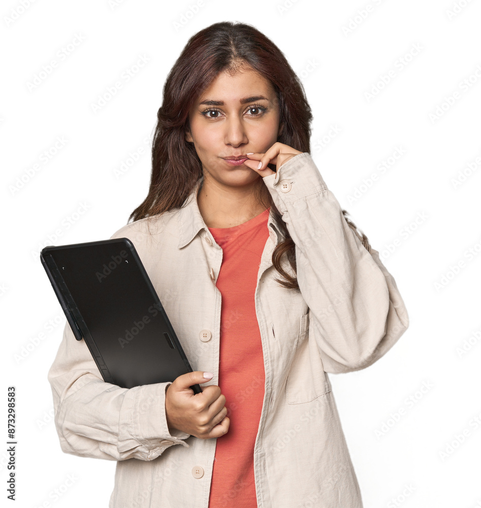 Middle Eastern woman with graphic tablet with fingers on lips keeping a secret. Middle Eastern woman with graphic tablet with fingers on lips keeping a secret.
