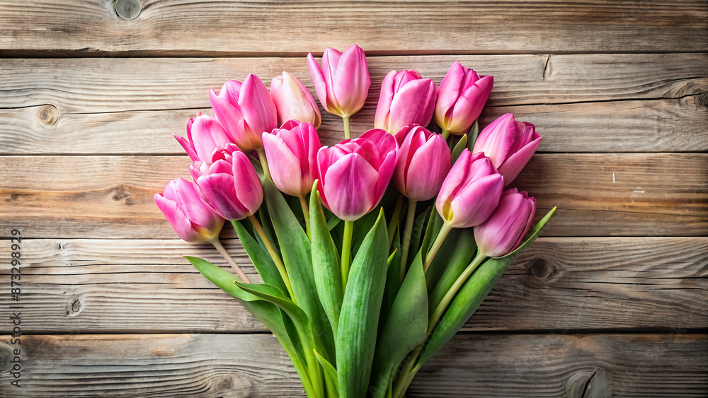 Vibrant pink tulips arranged in a loose bouquet on a weathered wooden background, soft natural light accentuating delicate petals and subtle texture. Vibrant pink tulips arranged in a loose bouquet on a weathered wooden background, soft natural light accentuating delicate petals and subtle texture.