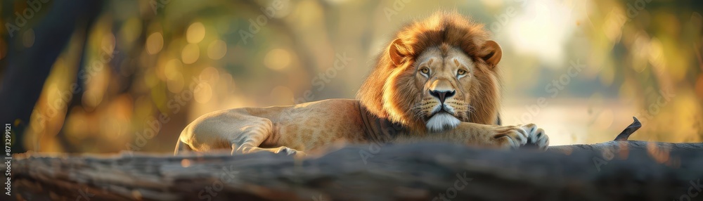 Fototapeta premium Majestic lion resting on a rock, sunlit forest background