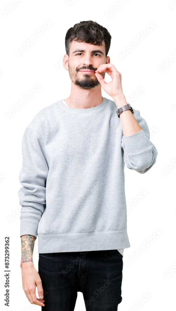 Young handsome man wearing sweatshirt over isolated background mouth and lips shut as zip with fingers. Secret and silent, taboo talking