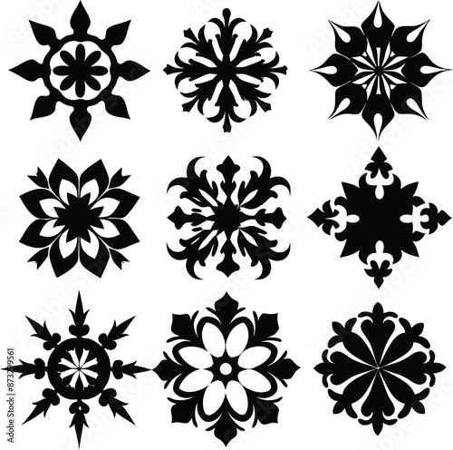 set of symmetrical calligraphic pattern illustration  black and white © Rony