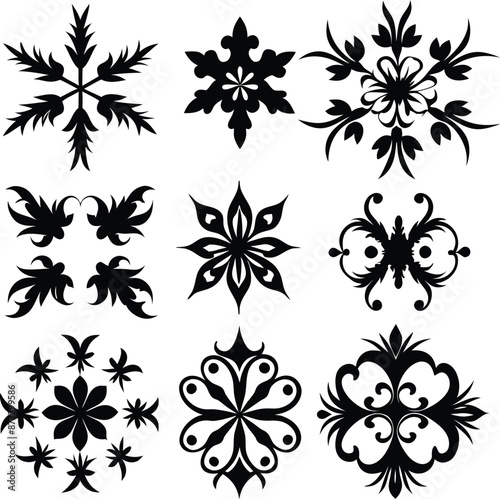 set of symmetrical calligraphic pattern illustration  black and white © Rony