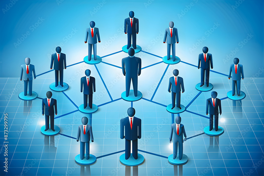 A 3D illustration of businesspeople in suits connected by lines, forming a network structure, symbolizing teamwork, leadership, and organizational hierarchy in a corporate environment. A 3D illustration of businesspeople in suits connected by lines, forming a network structure, symbolizing teamwork, leadership, and organizational hierarchy in a corporate environment.