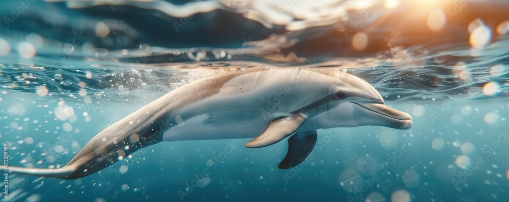 Obraz premium A lone dolphin swims gracefully through the water, sunlight shining on its sleek body.