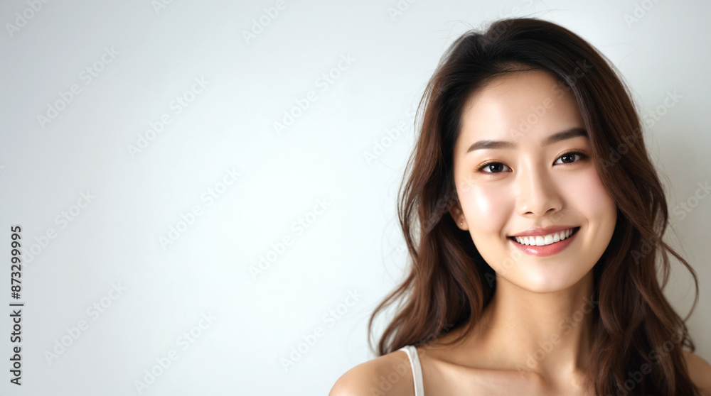 Asian woman, girl, with smooth, healthy, natural looking skin. Japanese, Korean female smiling after cosmetic treatment with hydrated, glowing face Asian woman, girl, with smooth, healthy, natural looking skin. Japanese, Korean female smiling after cosmetic treatment with hydrated, glowing face