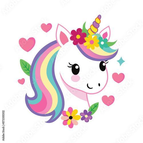 Cute pink unicorn head with rainbow mane, flowers and hearts © Shajamal