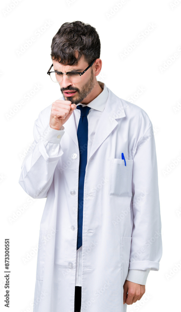 Young professional scientist man wearing white coat over isolated background feeling unwell and coughing as symptom for cold or bronchitis. Healthcare concept. Young professional scientist man wearing white coat over isolated background feeling unwell and coughing as symptom for cold or bronchitis. Healthcare concept.